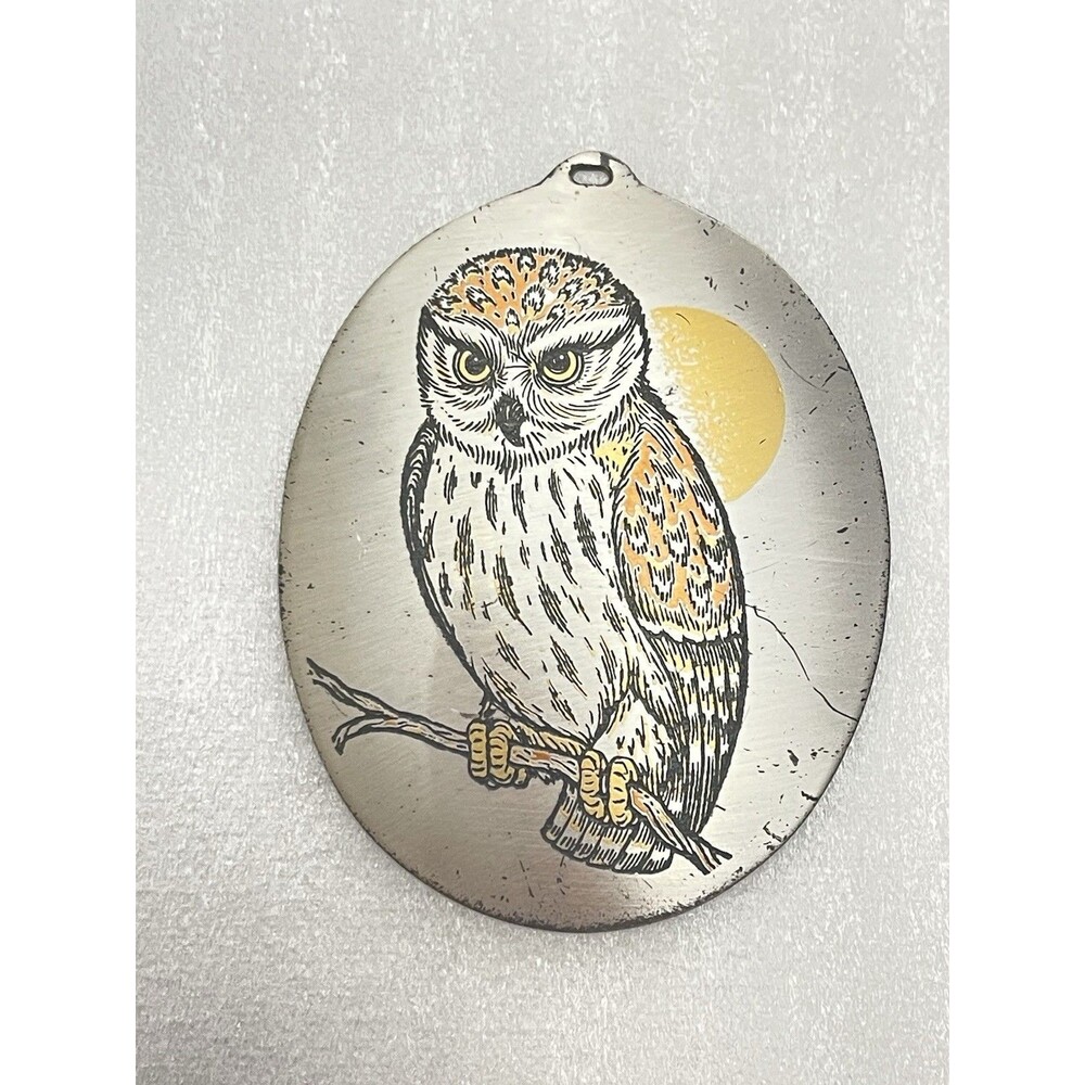 Reed & Barton Damascene Owl Pendant Etched Silver Tone Metal Oval  2.5"x2" VTG
